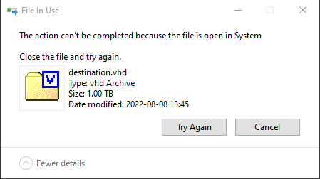 File In Use - The action can't be completed because the file is open in System. Close the file and try again.