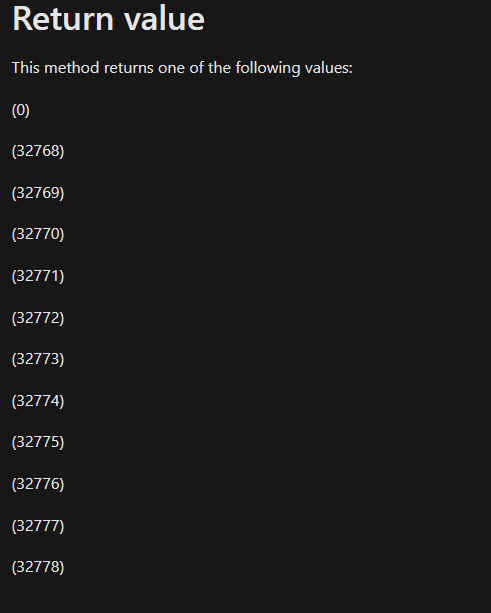 A list of all of the return codes we've been looking at, but they have no titles or descriptions.