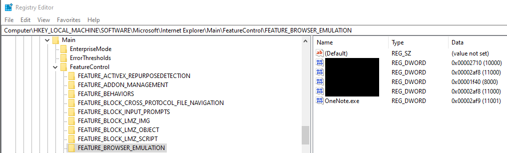 Screenshot of regedit expanded to HKLM\SOFTWARE\Microsoft\Internet Explorer\Main\FeatureControl\FEATURE_BROWSER_EMULATION